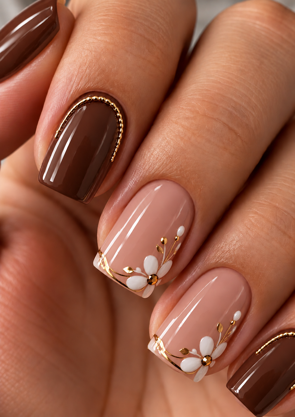 Elegantes Nageldesign mit kurzen eckigen Nägeln in Dunkelbraun und Nude-Rosa, verziert mit weißen Gänseblümchen und feinen goldenen Akzenten.