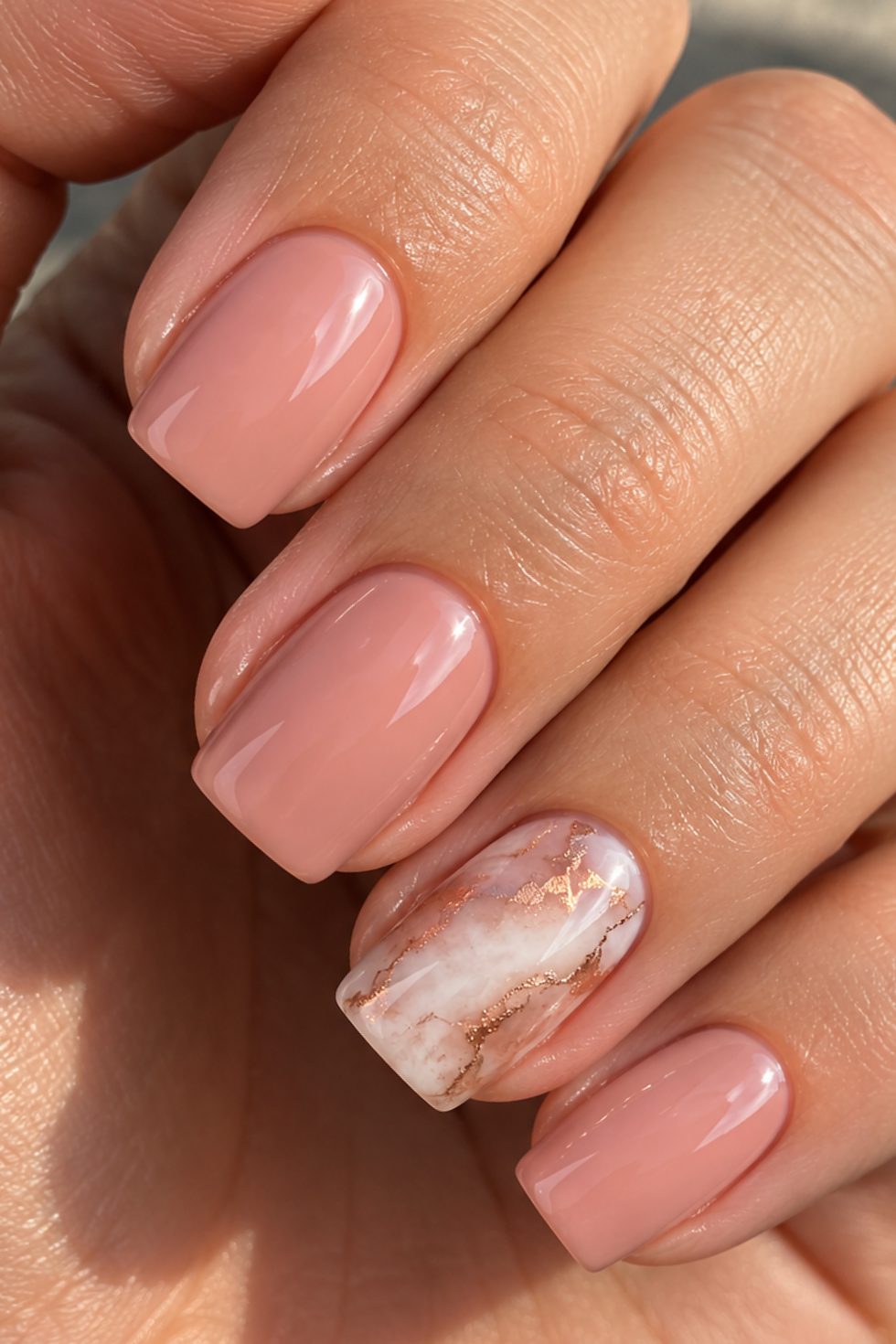 Kurze, eckige Nägel in zartem Rosé mit glänzendem Finish und weißem Marmor-Nageldesign als Akzent.
