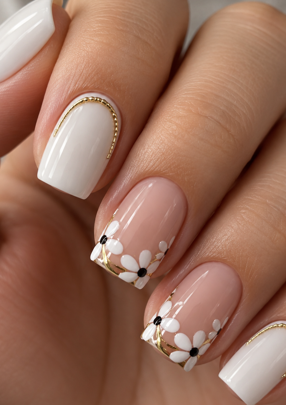 Kurze, eckige Nägel in zartem Rosé mit glänzendem Finish und weißem Marmor-Nageldesign als Akzent.