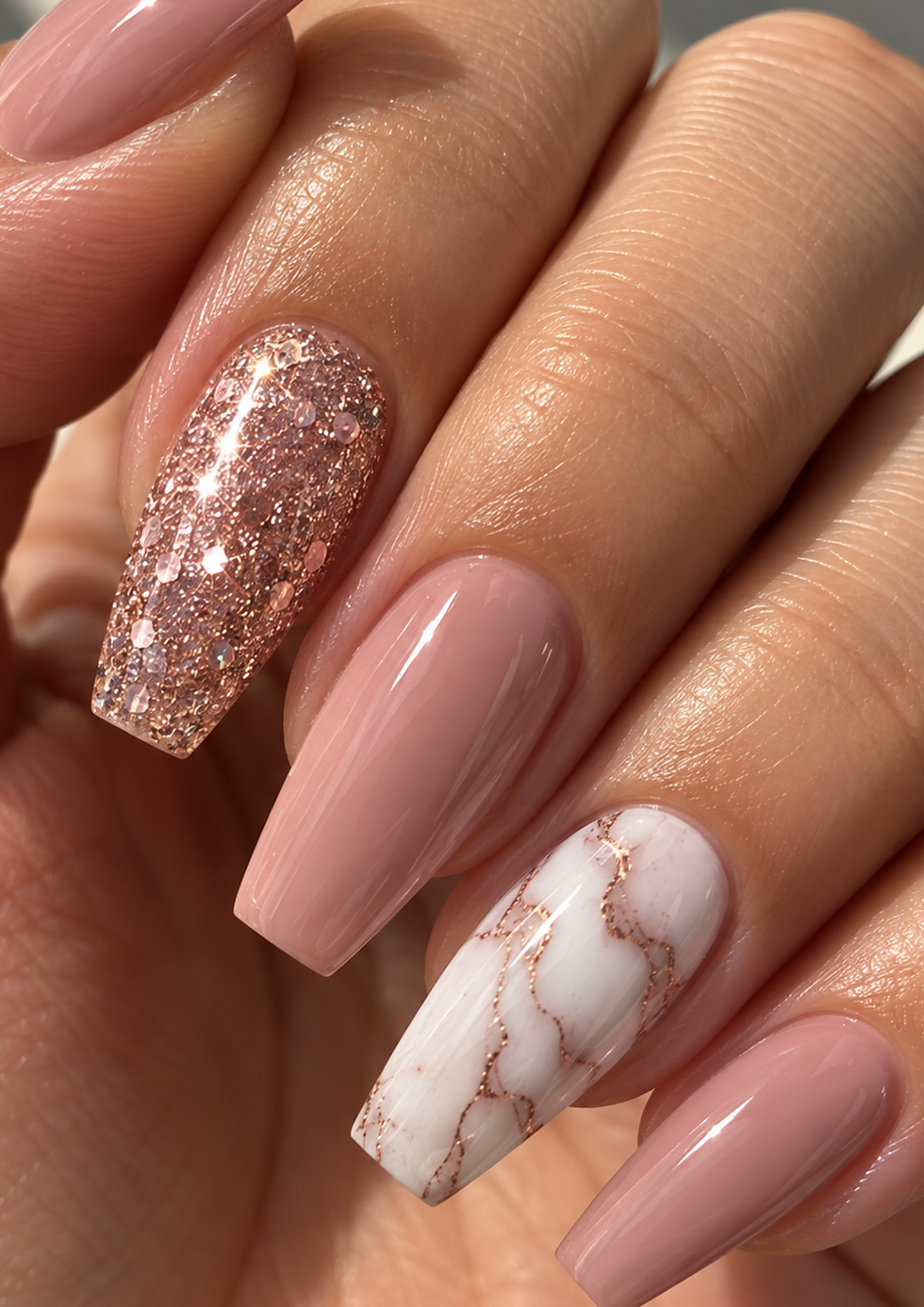 Rosafarbene Ballerina-Nägel mit Roségold-Glitzer und weißem Marmor-Nageldesign