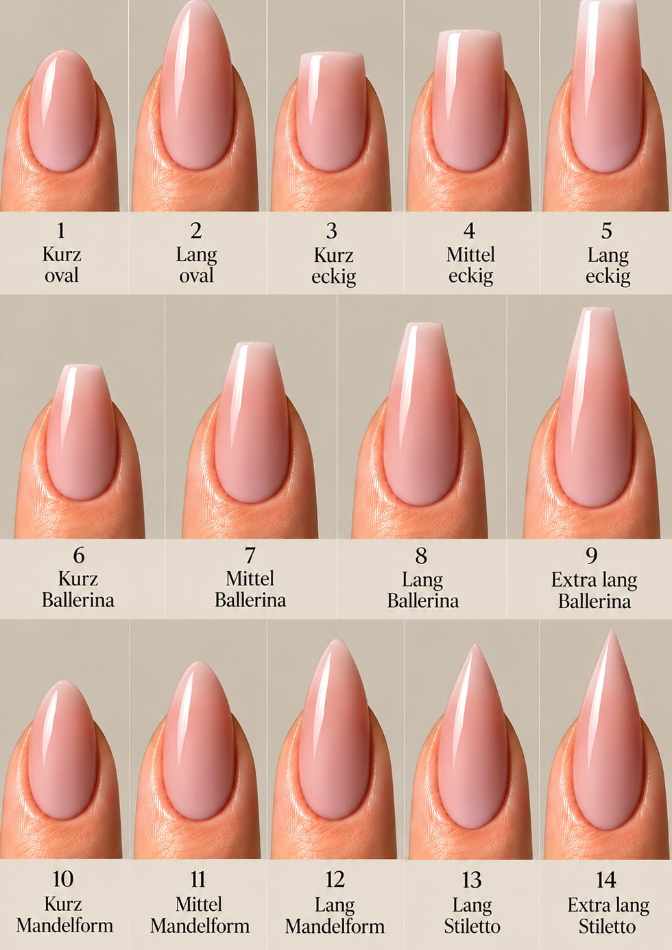 Übersicht von 14 Nagelformen für Acryl- und Gelnägel: oval, eckig, Ballerina, Mandelform und Stiletto in verschiedenen Nagellängen von kurz bis extra lang, dargestellt in zartem Rosé.