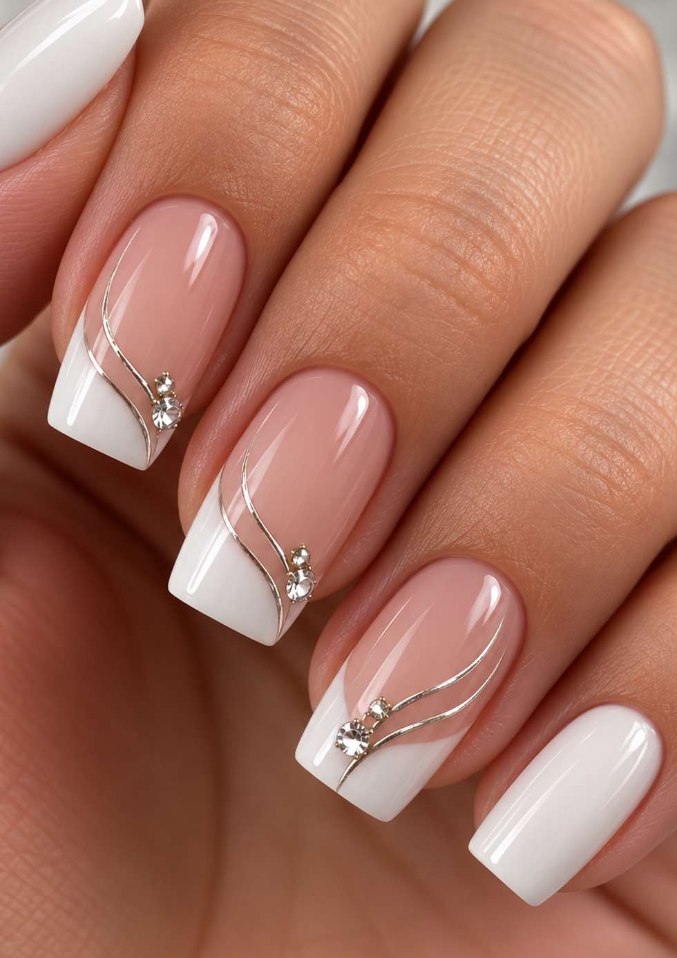 Rosa Nude-Nägel mit weißen French-Spitzen, feinen Verzierungen und kleinen Strasssteinen