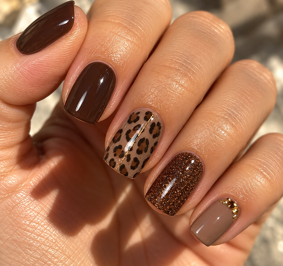 Herbst Nägel in Braun und Taupe mit Leo-Muster, Goldglitzer und kleinen Schmucksteinen.