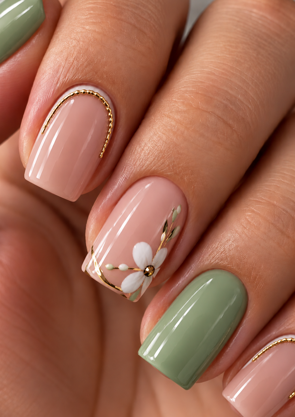 Elegantes Nageldesign mit kurzen eckigen Nägeln in Salbeigrün und Nude-Rosa, verziert mit feinen goldenen Linien und einer weißen Blume.