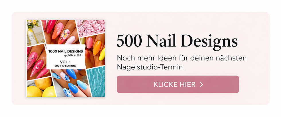 Werbebanner für das Nageldesign-Buch „500 Nail Designs“ mit bunten Gel- und Acryl-Nageldesigns, kreativer Nail Art und Inspiration für den nächsten Nagelstudio-Termin.