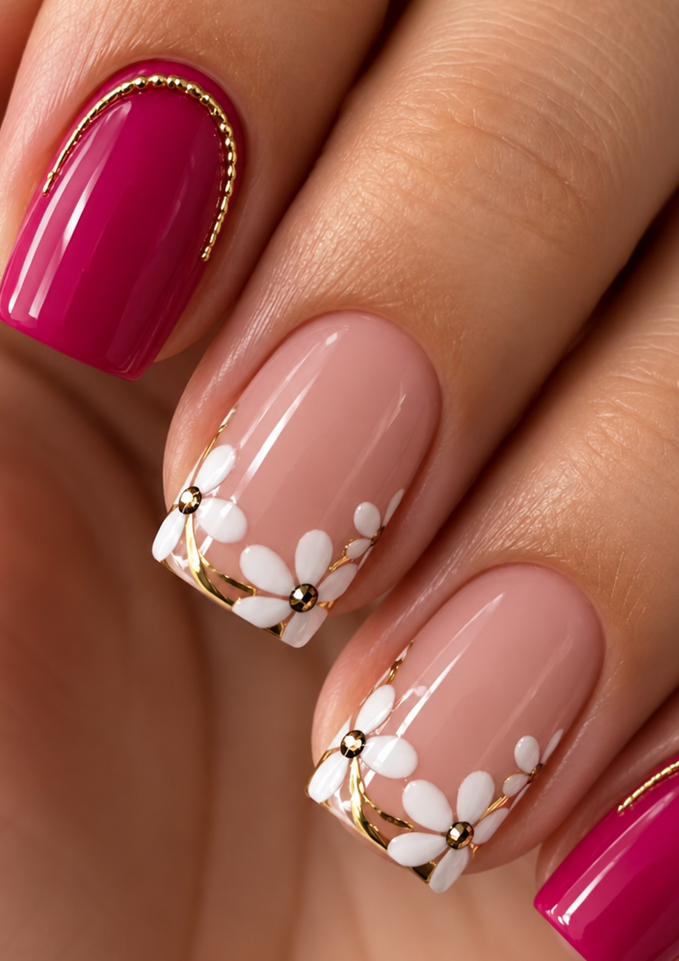 Elegantes Nageldesign mit kurzen eckigen Nägeln in kräftigem Pink und Nude-Rosa, verziert mit weißen Gänseblümchen und feinen goldenen Akzenten.