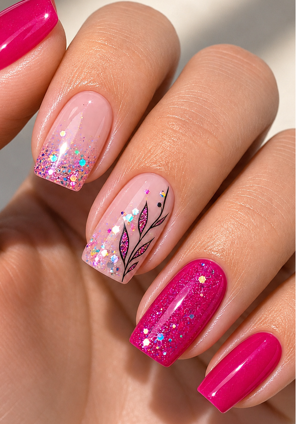 Elegante Gel- und Acryl-Nageldesigns in natürlichen Nude-, Beige- und Rosétönen. Die Nail-Art-Inspirationen zeigen feine Glitzerakzente, florale Muster, moderne Linien, Animal Prints und dezente Verzierungen – von schlicht und zeitlos bis kreativ und außergewöhnlich.