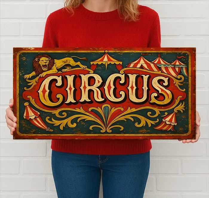 Vintage Circus Metal Sign Lion Scroll Wall Decor Retro Style