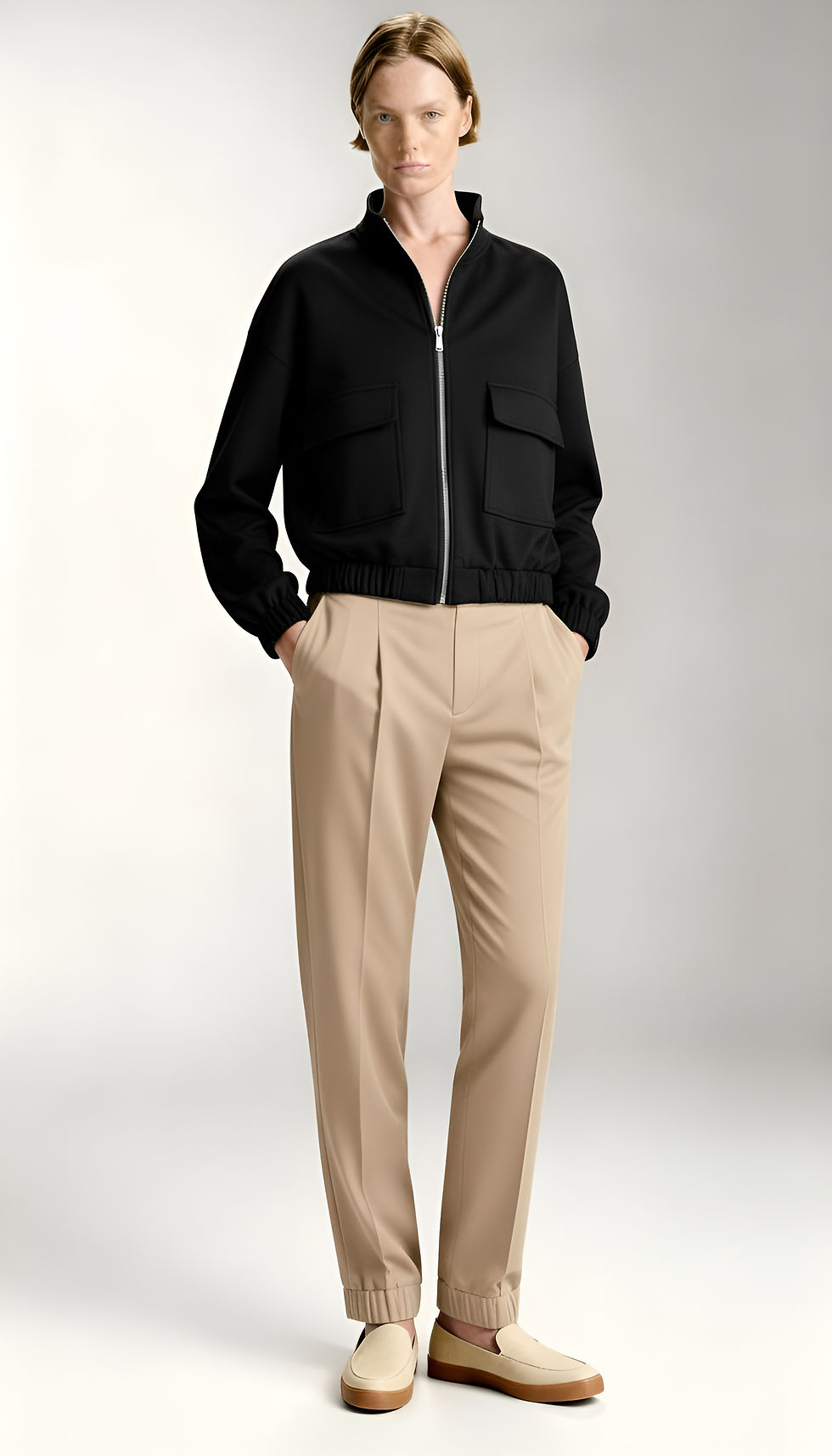 Siyah Neo-Tech ceketin kapaklı utility cep detayı - Yakın çekim.