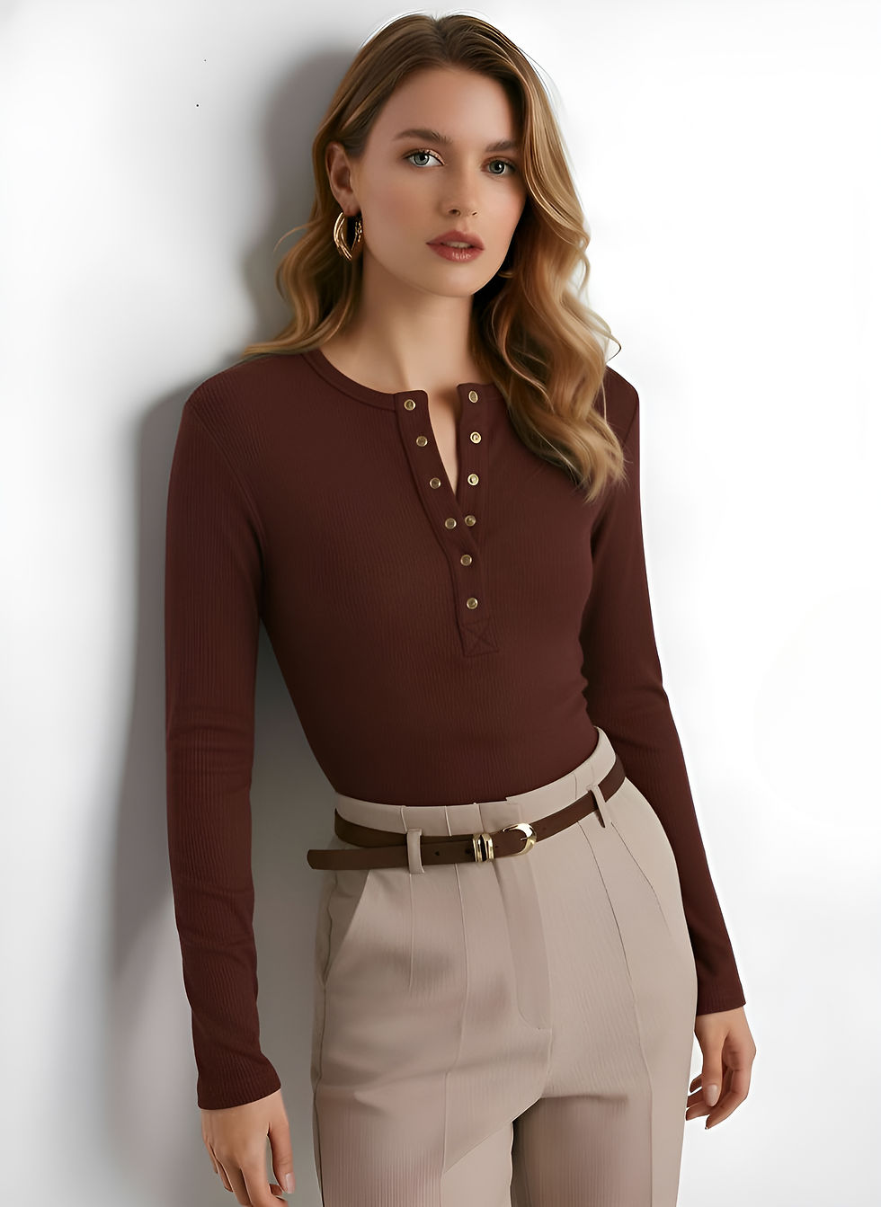 Kahverengi modal kaşkorse bluzun çıtçıtlı yaka detayı - Yakın çekim.