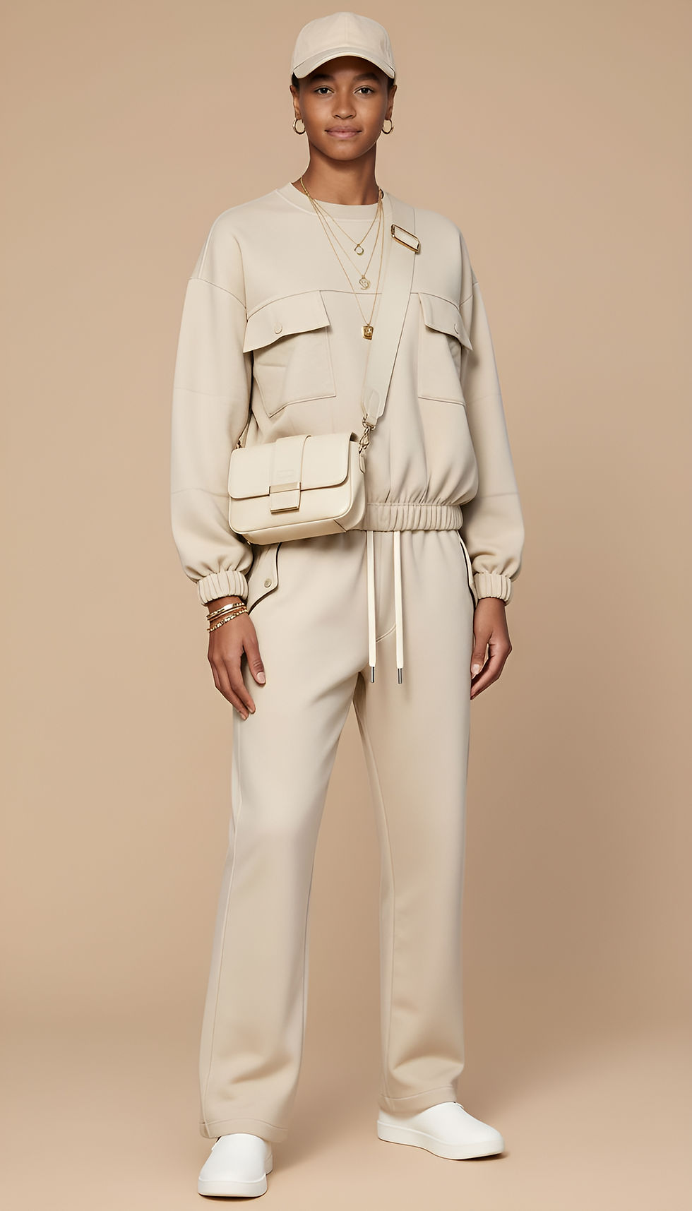 Marc O'Polo vizon rengi modal eşofman takımı ayakta duruş ve göğüs cep detayları. - Vizon rengi