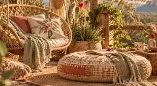 Inviting outdoor retreat with a cushioned wicker chair, knitted blanket, round woven pouffe and potted plants.