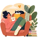 Illustration of a woman relaxing in an armchair with a book, surrounded by warm colours, plants and little hearts.