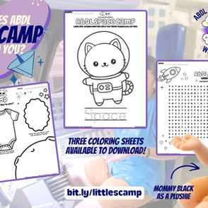 ABDL Space Camp promo with three coloring sheets, a word search, and a smiling plush Mommy Black doll; text says Week One and bit.ly/littlescamp