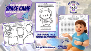 ABDL Space Camp promo with three coloring sheets, a word search, and a smiling plush Mommy Black doll; text says Week One and bit.ly/littlescamp
