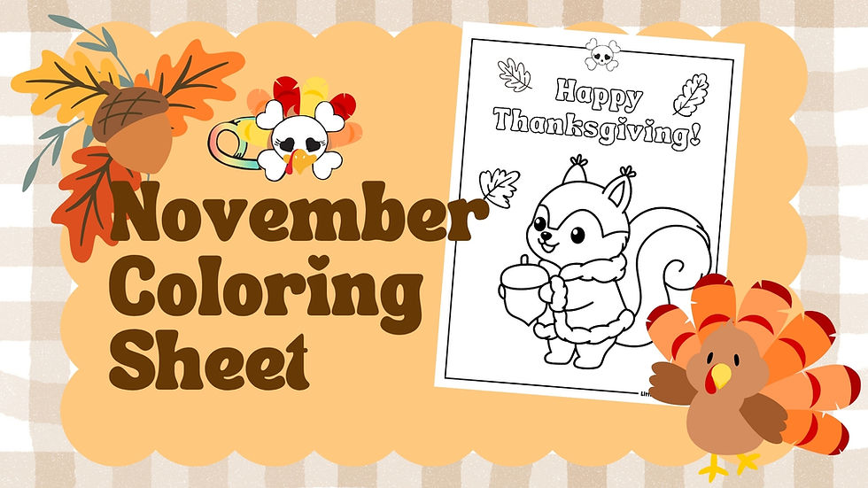 Fall scene with image of coloring sheet at "November Coloring Sheet" written.