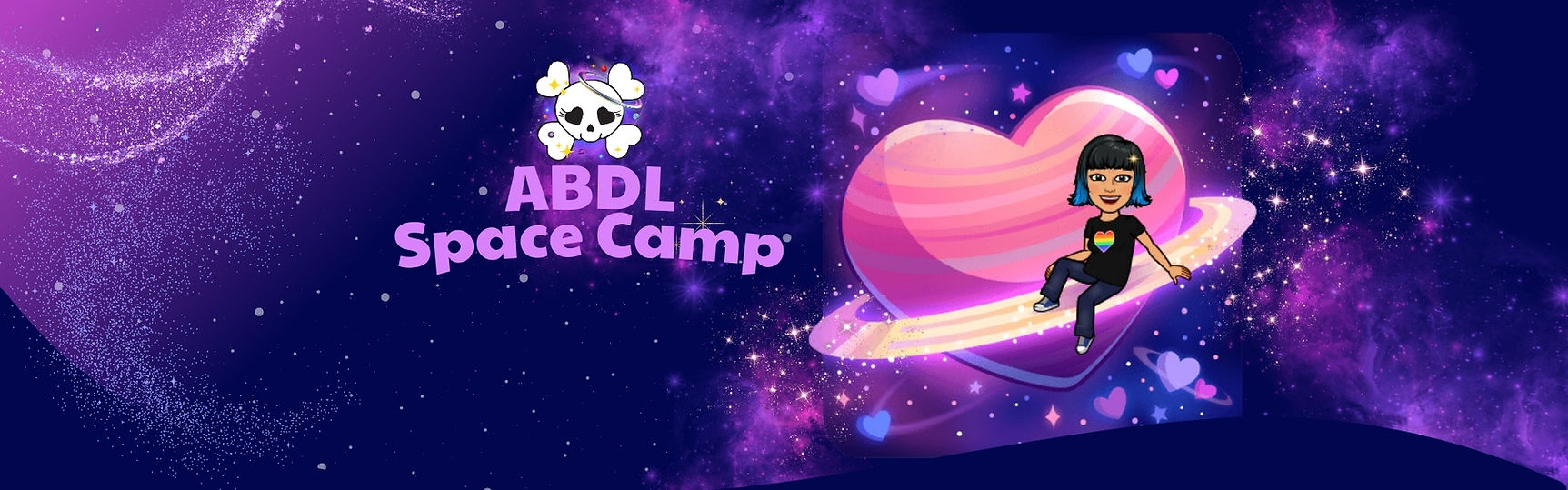 Cartoon image of Mommy Black riding on the rings of a heart planet. The text says "ABDL Space Camp is relaunching May 22nd 2026!"