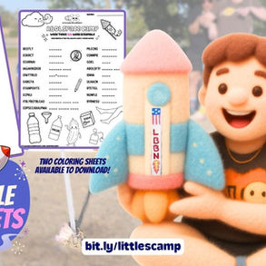 Smiling Mommy Black plushie holds a plush bottle rocket; ad shows ABDL Space Camp coloring sheets and text Bottle Rockets, Mommy Black as a Plushie