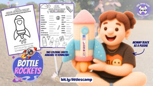 Smiling Mommy Black plushie holds a plush bottle rocket; ad shows ABDL Space Camp coloring sheets and text Bottle Rockets, Mommy Black as a Plushie