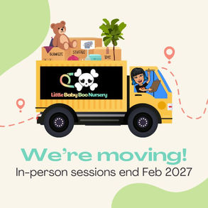 Mommy Black bitmoji in a moving van. Text reads "We're moving! In-person sessions end Feb 2027"