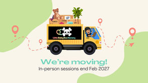 Mommy Black bitmoji in a moving van. Text reads "We're moving! In-person sessions end Feb 2027"