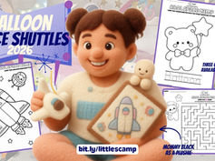 Plush Mommy Black holding a space shuttle toy, surrounded by ABDL Space Camp coloring pages and Balloon Space Shuttles 2026 promo text.