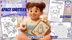 Plush Mommy Black holding a space shuttle toy, surrounded by ABDL Space Camp coloring pages and Balloon Space Shuttles 2026 promo text.