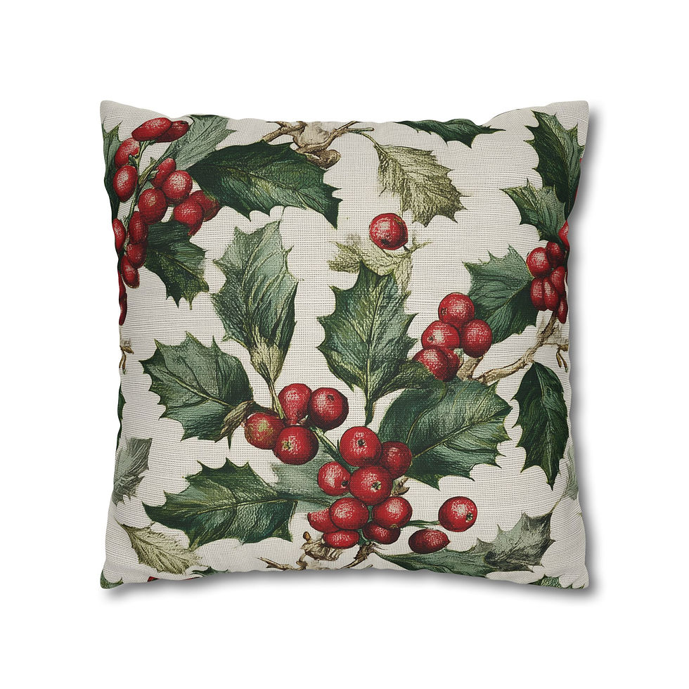 Thumbnail: Winter Holiday Holly And Red Berries On White Linen Pillowcase, Christmas Decor