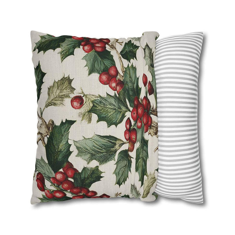 Thumbnail: Winter Holiday Holly And Red Berries On White Linen Pillowcase, Christmas Decor