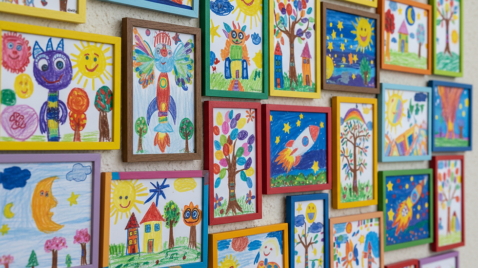 Close-up view of colorful children's artwork on display
