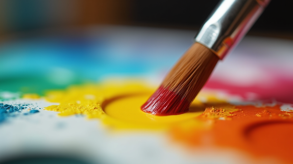 Close-up of a paintbrush mixing bright colors on a palette