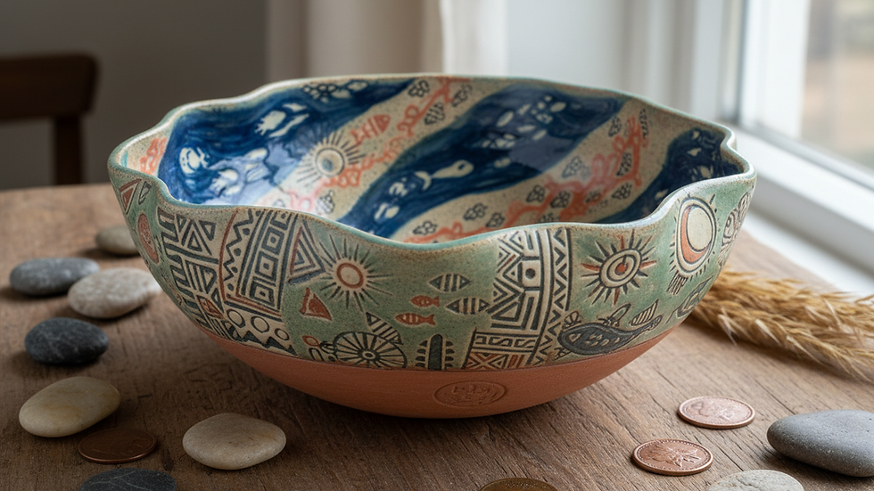 Close-up view of a handmade ceramic bowl with uneven edges