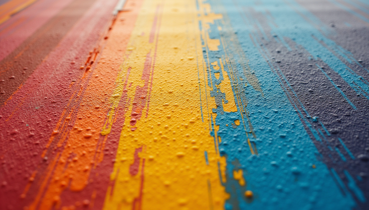 Close-up view of a textured canvas with colorful, abstract brush strokes and visible imperfections
