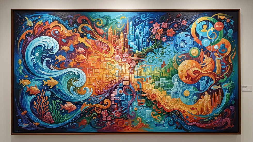 Eye-level view of a colorful abstract painting with visible brush strokes