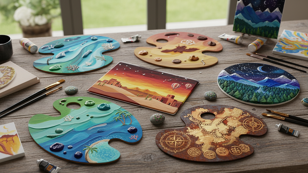 Eye-level view of colorful paint palettes arranged on a table