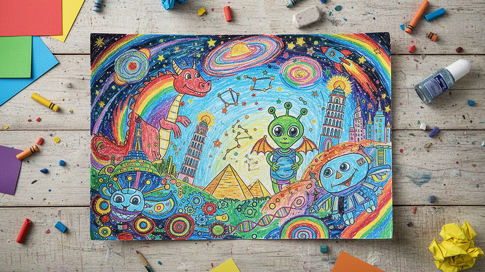 Close-up view of a child’s colorful drawing on a table