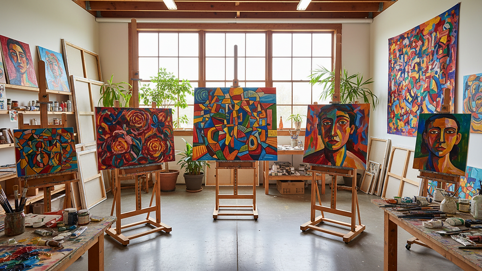 Eye-level view of a bright art studio with easels and colorful paintings