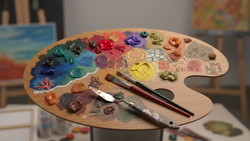 Eye-level view of colorful paint palette with brushes