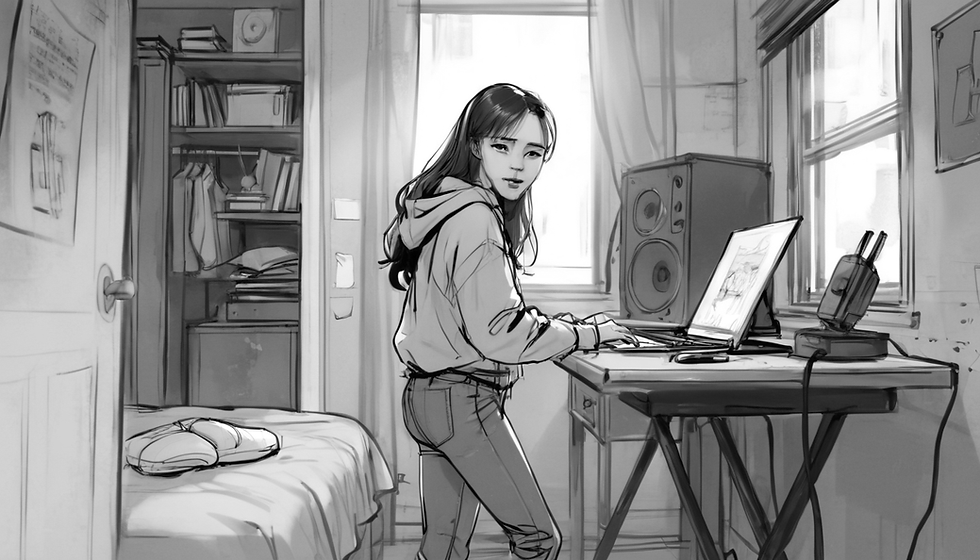 A woman working on a laptop, editing sounds