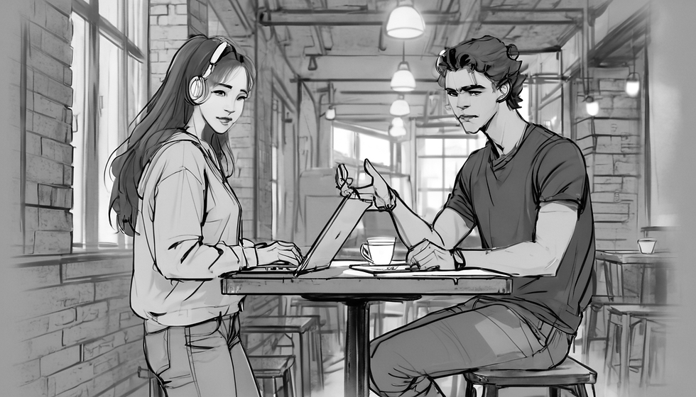 A couple sits at a table, focused on a laptop, engaged in conversation and sharing ideas.