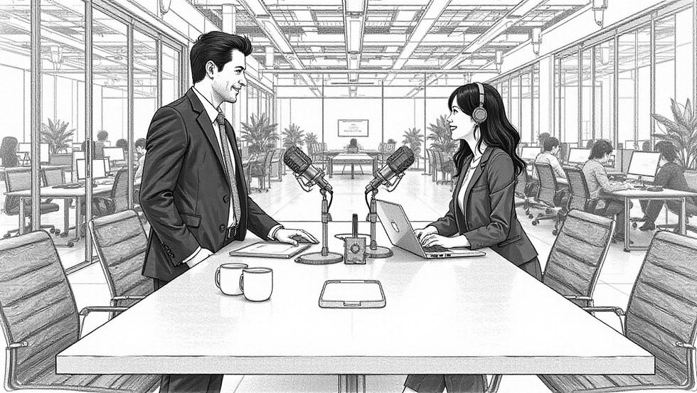 Man and woman in suits record a podcast at a conference table with microphones and a laptop in a bright open office, smiling.