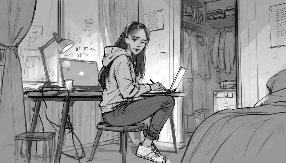 A drawing of a girl sitting at a desk, focused on her laptop, with books and stationery around her.