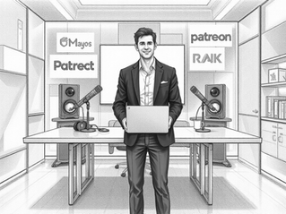 A business executive holds a laptop in front of a podcast studio setup with microphones and speakers. 