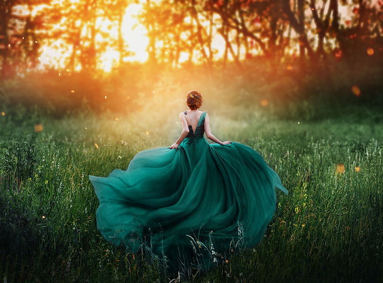 young beauty woman queen red hair runs dark mysterious forest lady long elegant royal emer