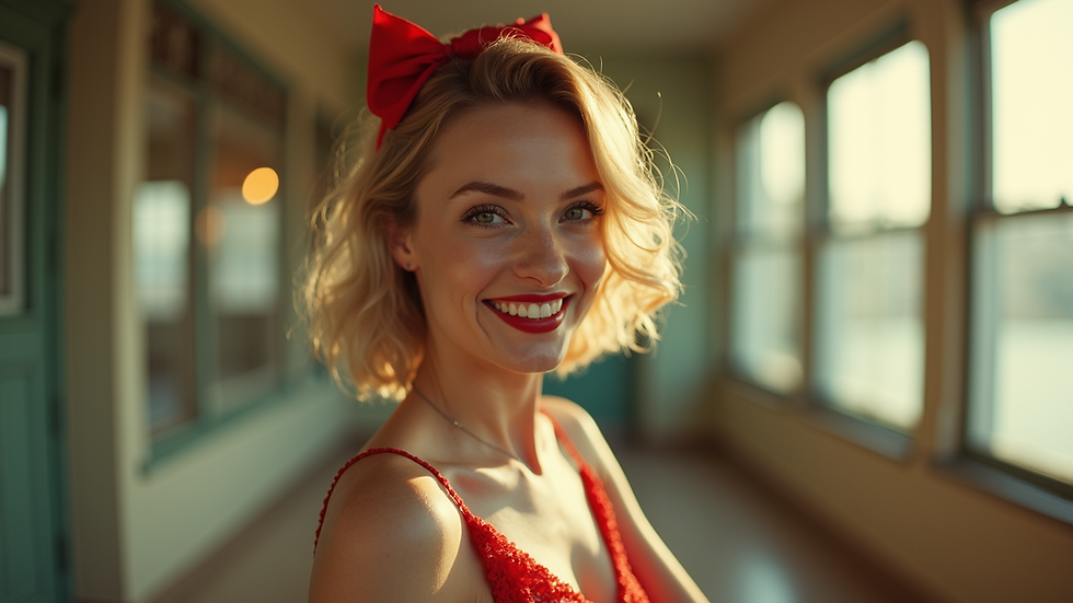 Eye-level view of a vintage pin-up card featuring a playful model in retro attire