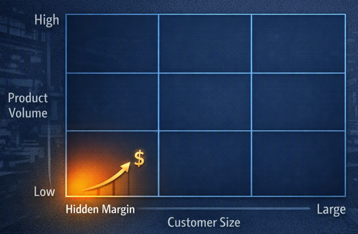 Nine-box segmentation grid showing hidden margin in the small-customer, low-volume-product segment.