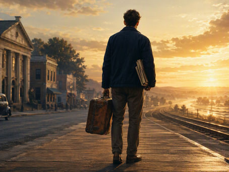 A person seen from behind stands at a small-town train platform at sunrise, holding a worn suitcase and college brochures as the tracks lead toward the horizon.