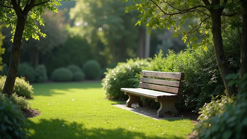 High angle view of a peaceful garden with a single bench surrounded by greenery