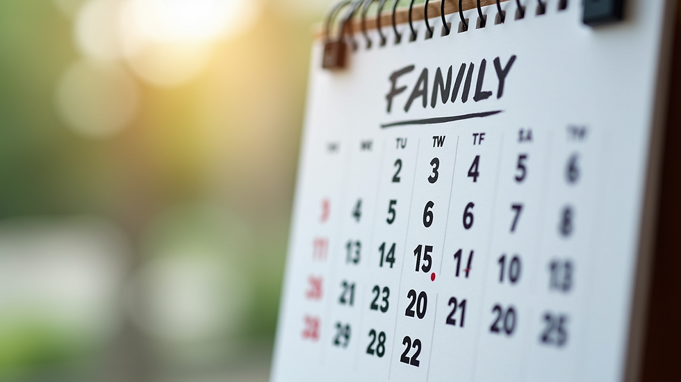 Close-up view of a calendar with scheduled family time marked