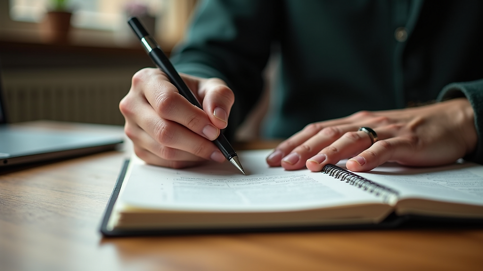 Eye-level view of a person writing in a journal on a wooden desk